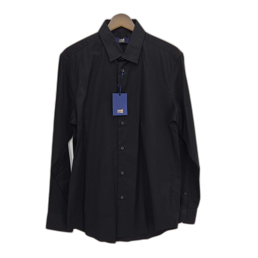 New Class Roberto Cavalli Dress Shirt Mens 42 / 16.5 Texture Logo Black Slim Fit
